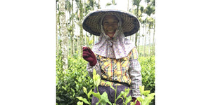 women with straw hat smiling at camera in tea farm