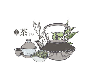 illustration of tea pot and tea cups with tea