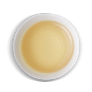 overhead view of white cup with  Alishan High Mountain Oolong tea inside